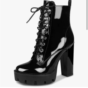 Glossy Black Lace-Up Ankle Boots